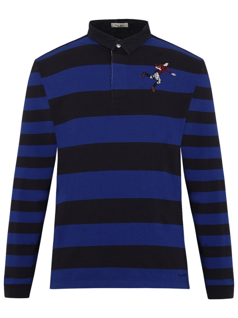 

SERGE BLANCO Men Blue & Black Striped Mandarin Collar Applique T-shirt