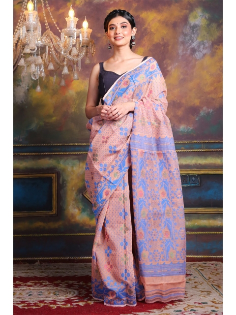 

Charukriti Peach-Coloured & Blue Ethnic Motifs Silk Cotton Jamdani Saree