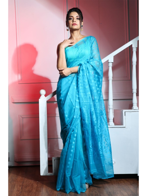 

Charukriti Teal Ethnic Motifs Silk Cotton Jamdani Saree