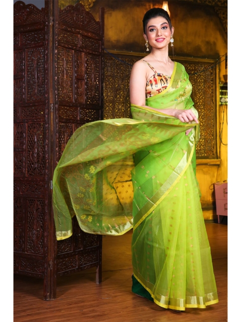 

Charukriti Women Green Woven Design Silk Cotton Jamdani Saree