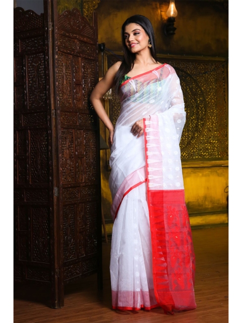 

Charukriti White & Red Ethnic Motifs Silk Cotton Jamdani Saree