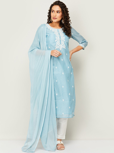 

Melange by Lifestyle Women Blue Floral Embroidered Panelled Chanderi Cotton Kurti with Trousers & With
