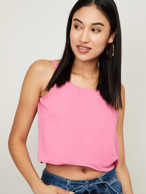 

Ginger by Lifestyle Women Pink Solid Round Neck Regular Crop Top