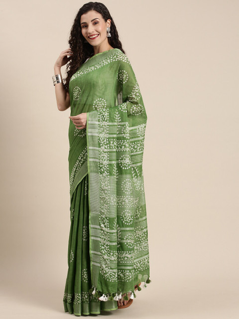 

Iris Green & White Ethnic Motifs Bhagalpuri Saree