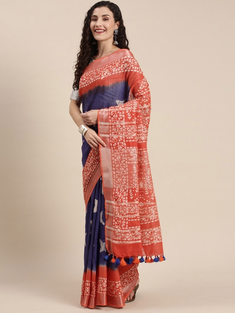 

Iris Women Navy Blue & Red Ethnic Motifs Printed Bhagalpuri Saree