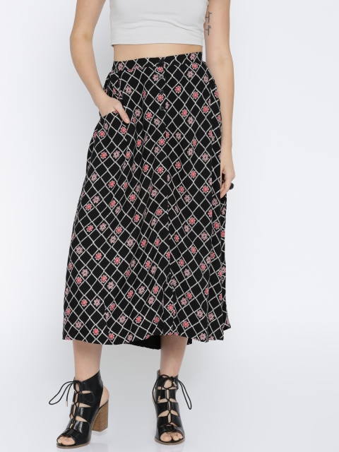 

Global Desi Black Floral Printed A-Line Skirt