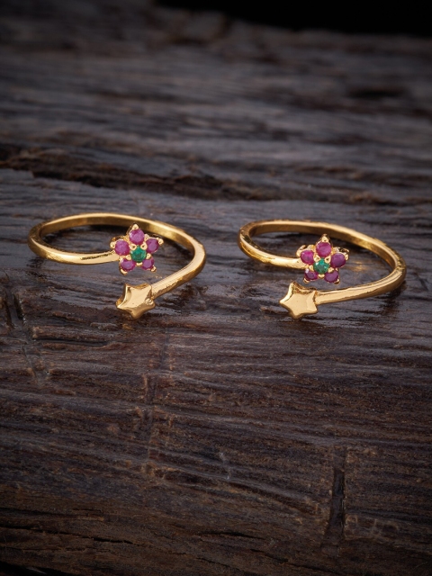 

Kushal's Fashion Jewellery Gold-Plated Pink & Green Stone-Studded Floral Toe Ring
