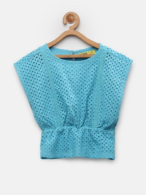 

NYNSH- PlusS Kids Girls Blue Solid Schiffli Cinched Waist Pure Cotton Top
