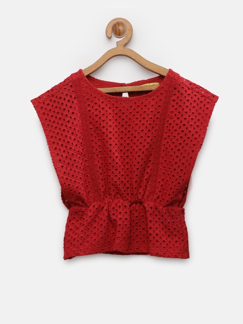 

NYNSH- PlusS Kids Girls Red Solid Schiffli Cinched Waist Pure Cotton Top