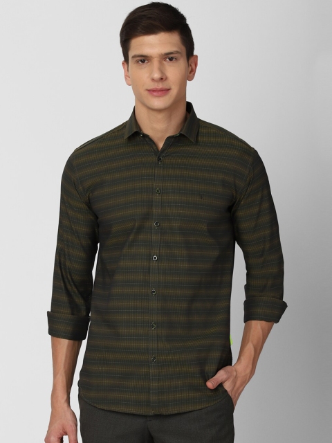 

V Dot Men Olive Green Slim Fit Horizontal Striped Casual Shirt