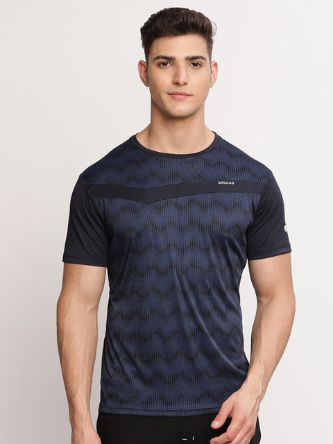 

Gallus Men Navy Blue Geometric Printed Dri-FIT Gym T-shirt