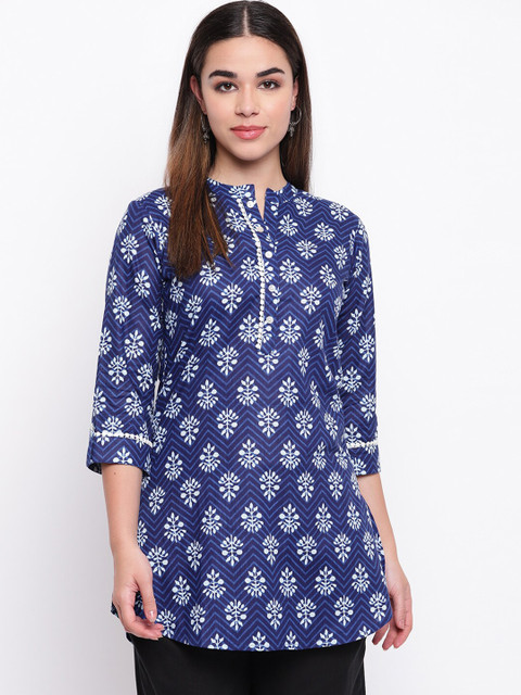 

Jaipur Morni Blue & White Ethnic Motifs Printed Pure Cotton Kurti