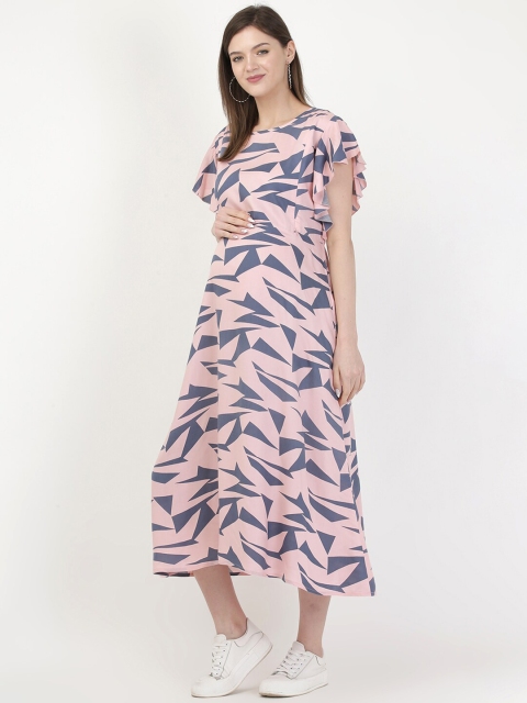 

MYLO ESSENTIALS Pink & Grey Maternity & Nursing A-Line Maxi Dress