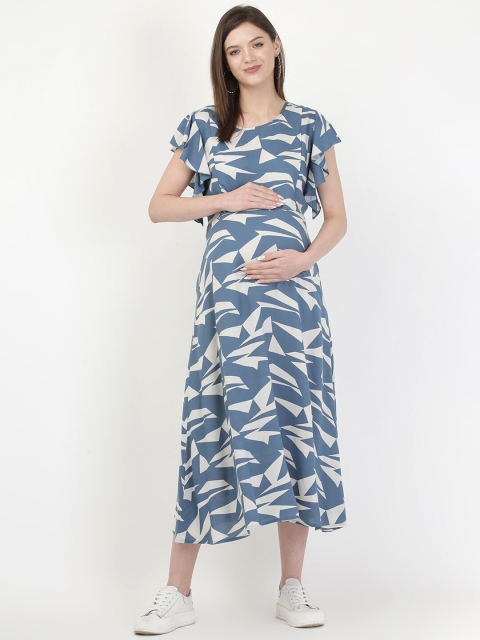 

MYLO ESSENTIALS Blue & White Maternity & Nursing A-Line Maxi Dress