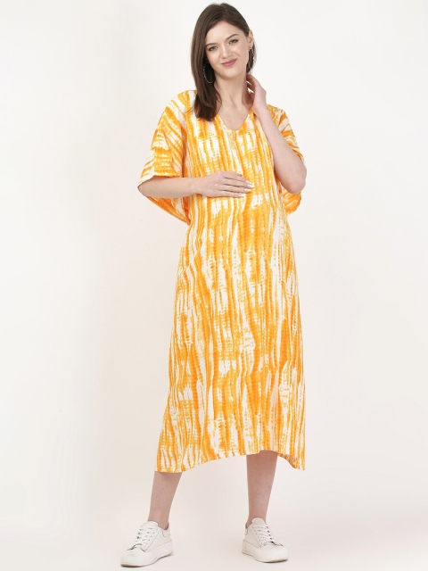 

MYLO ESSENTIALS Yellow & White Tie and Dye Dyed Maternity & Nursing Kaftan Maxi Dress