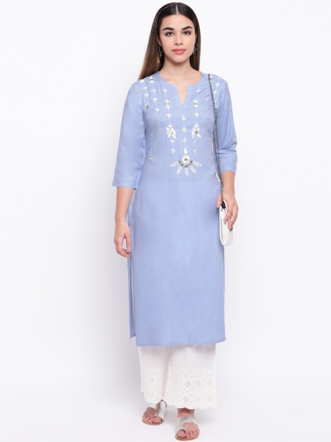 

Jaipur Morni Women Lavender Floral Embroidered Yoke Design Mirror Work Kurta