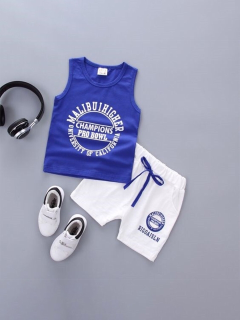 

Touch Trends Blue & White Typography Print Sleeveless T-shirt With Short