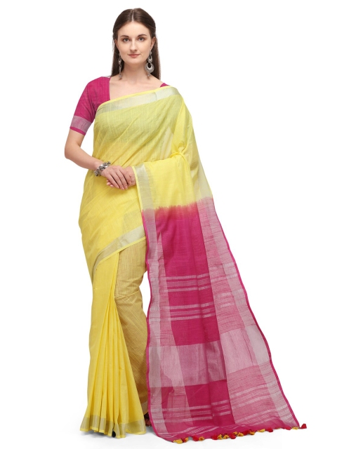 

Iris Women Yellow Solid Zari Border Tasseled Saree