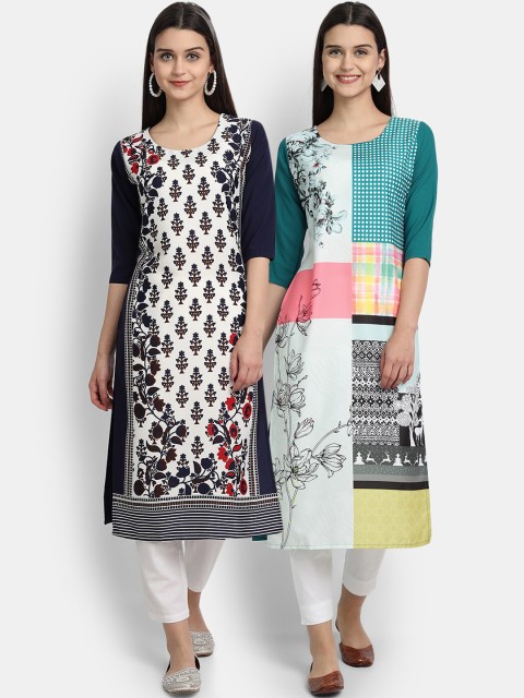 

Ethnic basket Women Multicoloured Floral Printed Thread Work Crepe Kurta, Multi