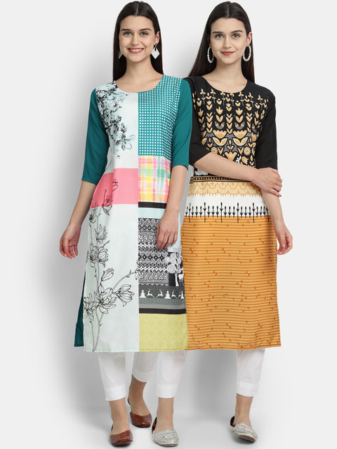 

Ethnic basket Women Pack of 2 Floral Printed Crepe Kurtas, Black