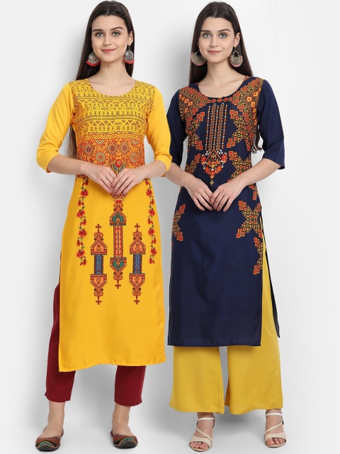 

Ethnic basket Women Pack Of 2 Ethnic Motifs Printed Thread Work Crepe Kurtas, Multi