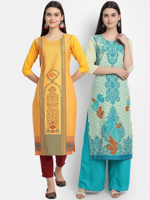 

Ethnic basket Pack of 2 Women Yellow & Olive Green Ethnic Motifs Printed Crepe Kurta