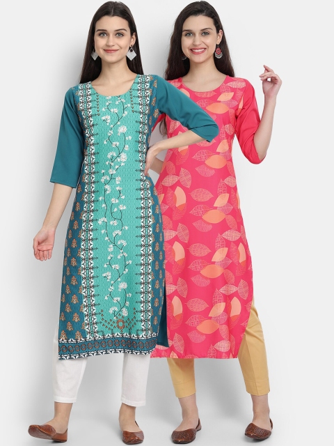 

Ethnic basket Pack of 2 Green & Pink Printed Straight Kurta
