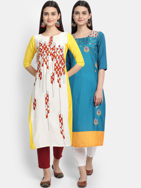 

Ethnic basket Pack of 2 Women Teal Blue & Yellow Printed Crepe Kurta