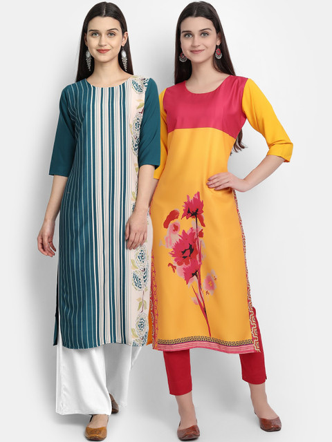 

Ethnic basket Women Pack of 2 Printed Crepe Kurtas, Teal
