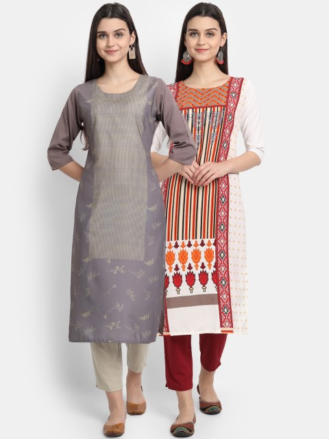 

Ethnic basket Pack of 2 White & Grey Printed Straight Kurta