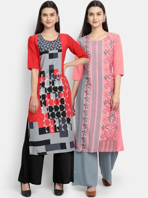 

Ethnic basket Women Pack of 2 Ethnic Motifs Printed Thread Work Crepe Kurta, Red