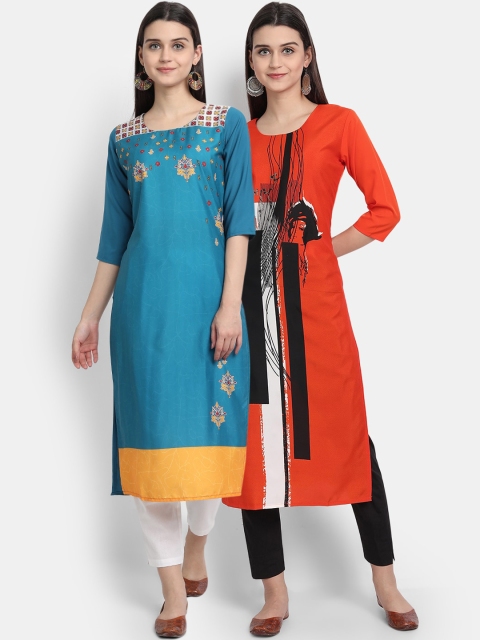 

Ethnic basket Women Pack Of 2 Ethnic Motifs Printed Thread Work Crepe Kurtas, Multi