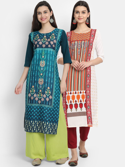 

Ethnic basket Women Multicoloured Geometric Printed Thread Work Crepe Kurta, Multi