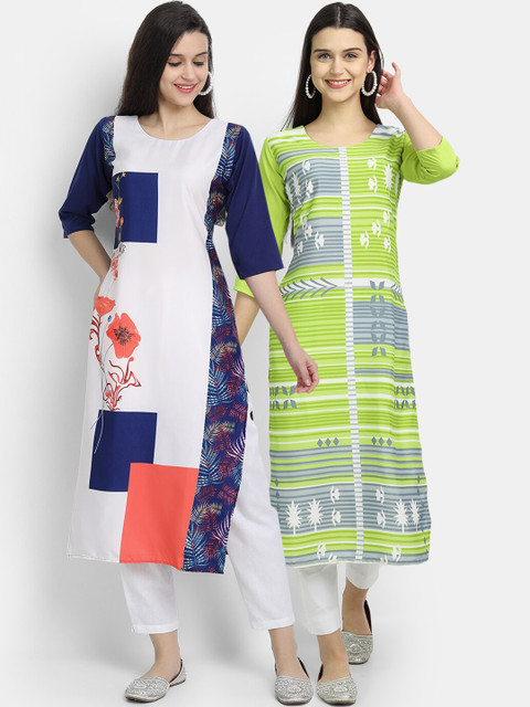 

Ethnic basket Pack of 2 Women Navy Blue & Green Printed Crepe Kurta