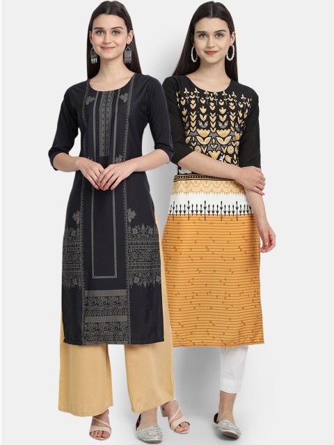 

Ethnic basket Pack of 2 Women Black & Mustard Yellow Printed Crepe Kurta