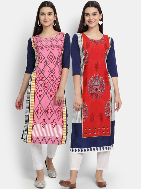 

Ethnic basket Women Multicoloured Geometric Printed Thread Work Crepe Kurta, Multi