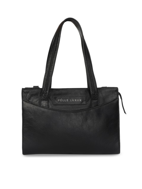 

PELLE LUXUR Women Black Textured Medium Satchel Handbag