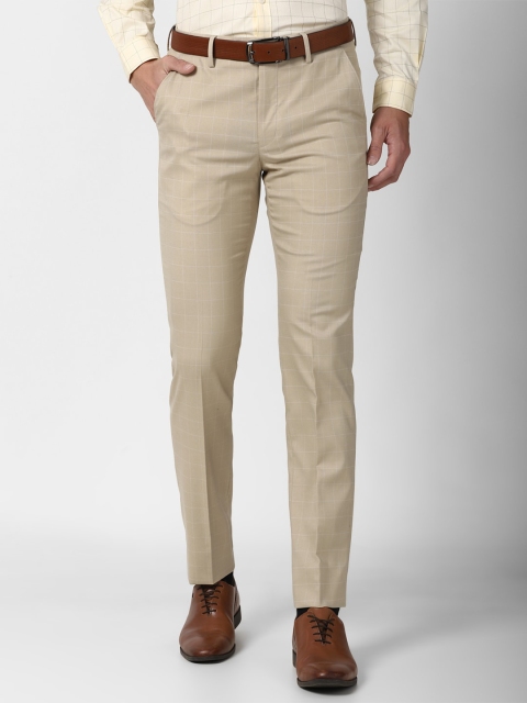 

Peter England Men Beige Checked Slim Fit Trousers