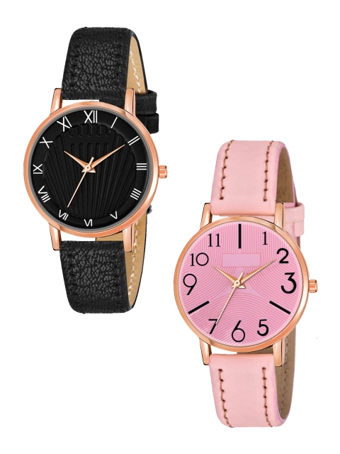 

Rage Enterprise Women Pack Of 2 Black & Pink Brass Dial & Leather Straps Analogue Watch R-858-Black,859-Pink-Black,Pink