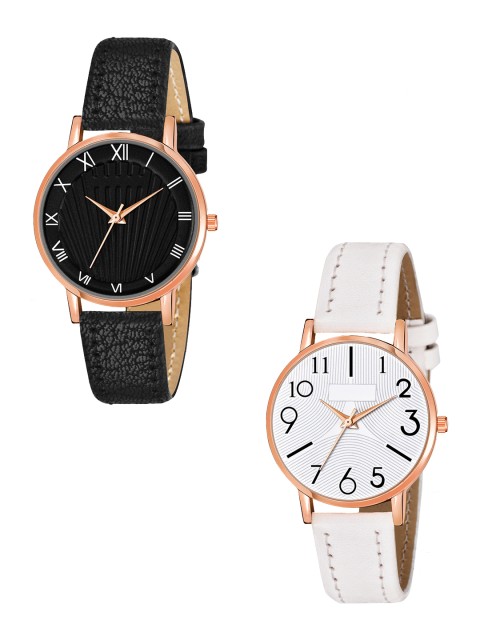 

Rage Enterprise Women White & Black Pack of 2 Brass Dial & Black Leather Bracelet Style Straps Analogue Watch