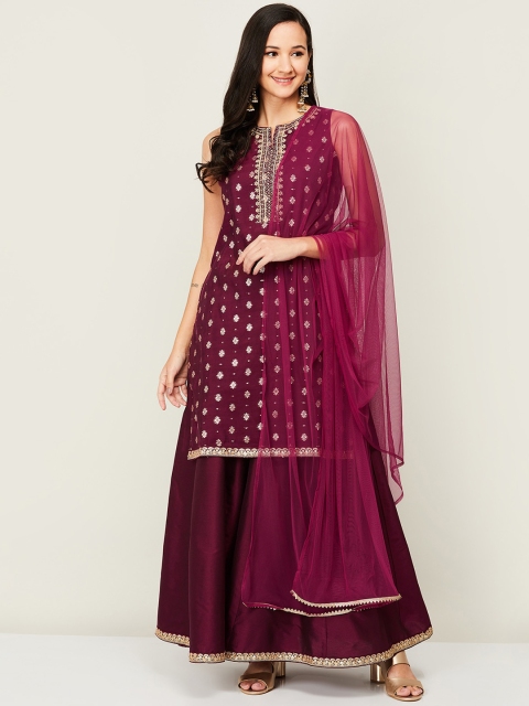 

Melange by Lifestyle Women Purple Ethnic Motifs Embroidered Kurti Skirt Set With Dupatta