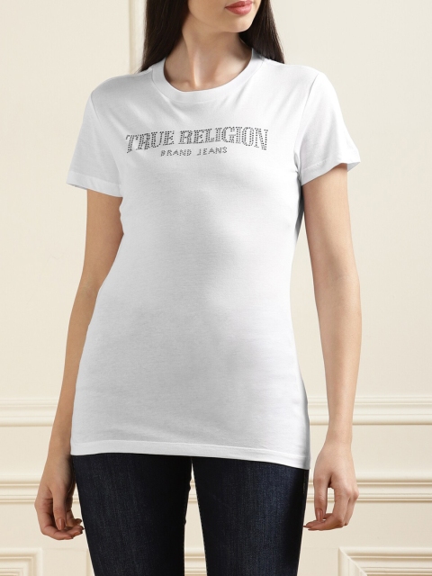 

True Religion Women White & Silver-Toned Brand Logo Printed Slim Fit Pure Cotton T-shirt