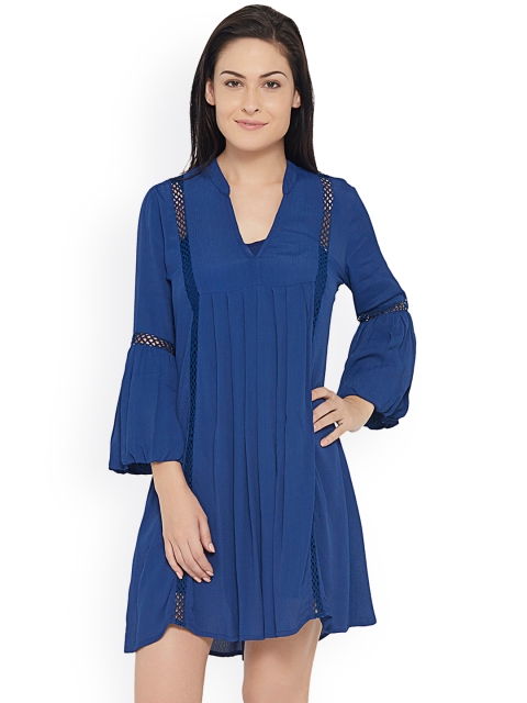 

20Dresses Women Blue Solid A-Line Dress with Lace Trims