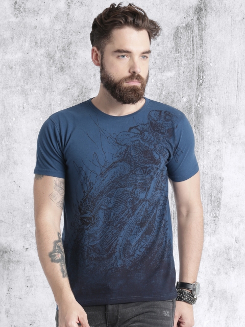 

RDSTR Men Blue Printed Round Neck T-shirt