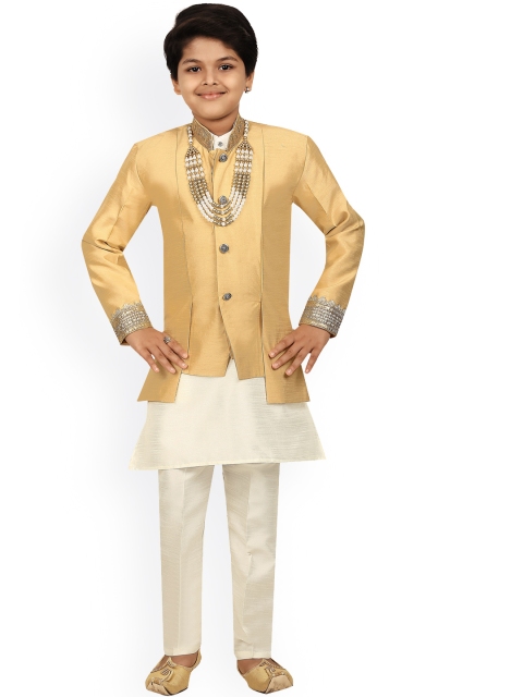 

ahhaaaa Boys Gold-Coloured Solid Sherwani Set