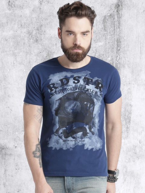 

Roadster Men Blue Printed Round Neck T-shirt