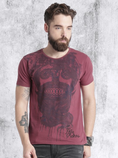 

RDSTR Men Burgundy Printed Round Neck T-shirt