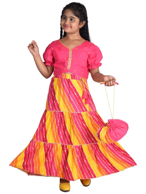 

Kinder Kids Girls Pink & Yellow Embroidered Ready to Wear Lehenga Choli With Potli