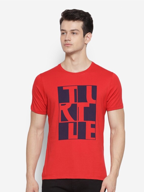 

Turtle Men Orange Typography Printed Applique Slim Fit T-shirt