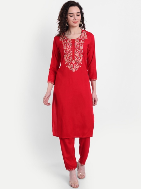 

PNEHA Women Red Ethnic Motifs Yoke Design Kurta with Trousers